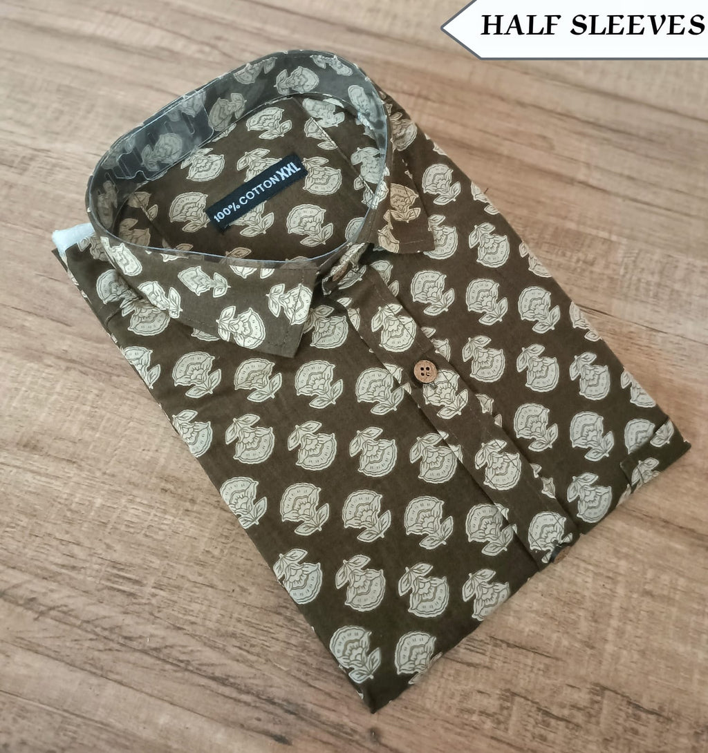 Men's Brown Cotton Printed Half Sleeve Shirt