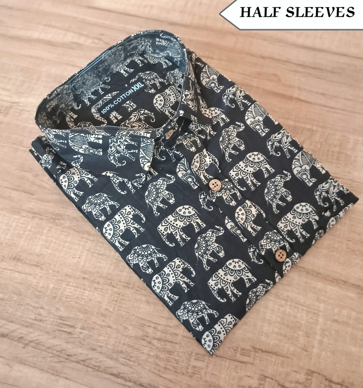 Men's Black Elephant Print Cotton Half Sleeve Shirt