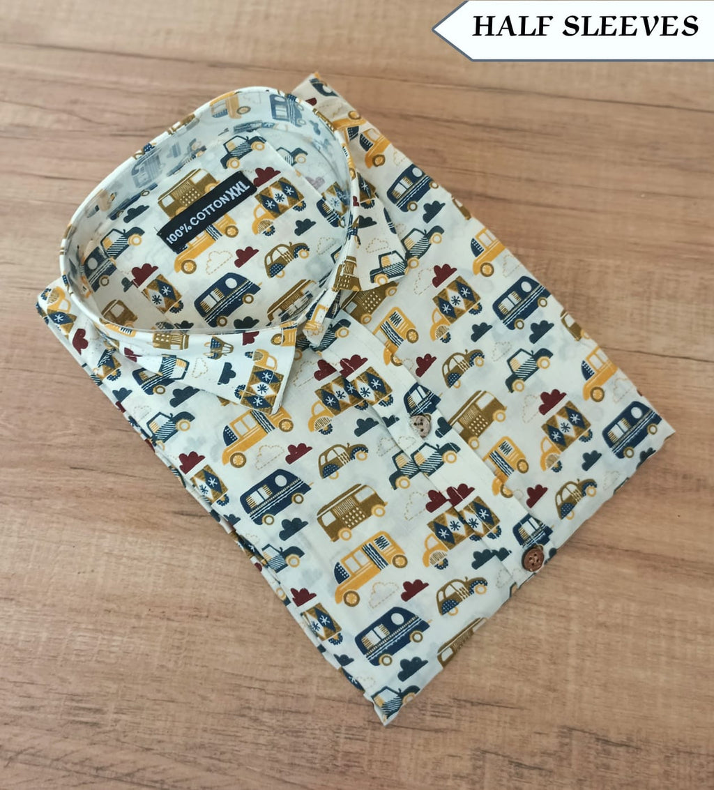 Men's White Vehicle Print Cotton Half Sleeve Shirt