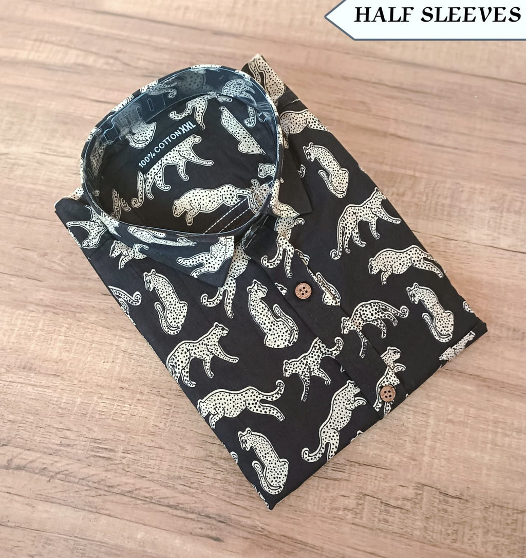 Men's Black Leopard Print Cotton Half Sleeve Shirt