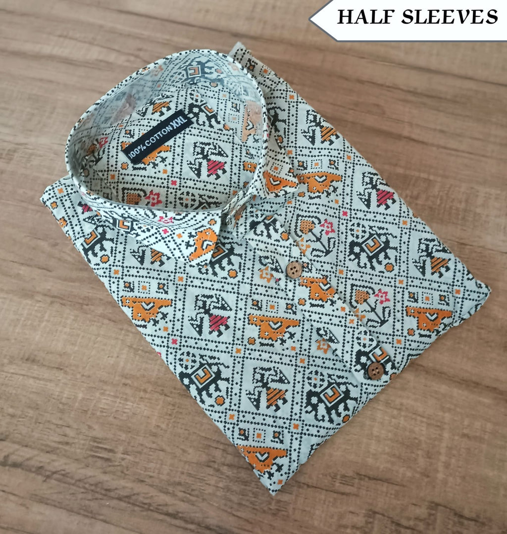 Men's White Tribal Print Cotton Half Sleeve Shirt