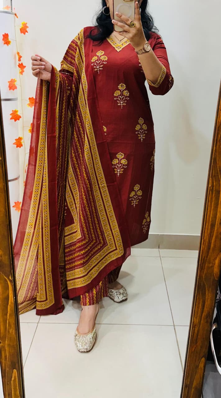 Maroon Printed Cotton Suit Set