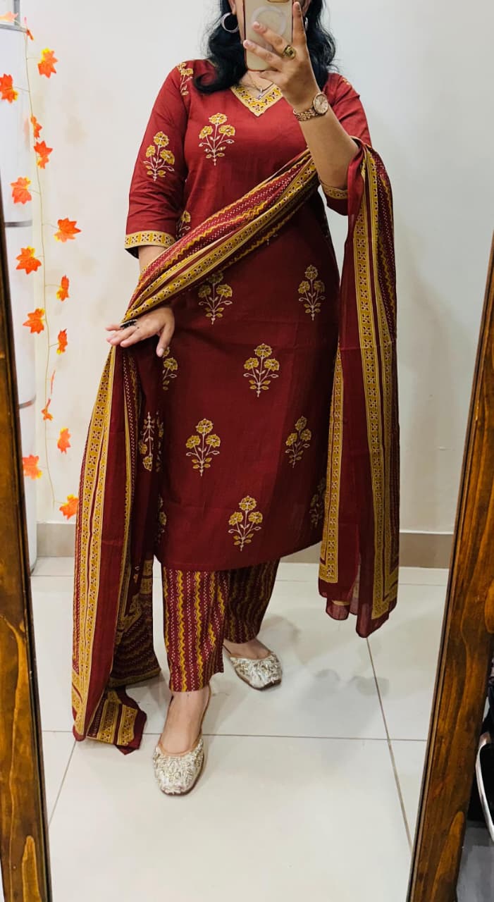Maroon Printed Cotton Suit Set
