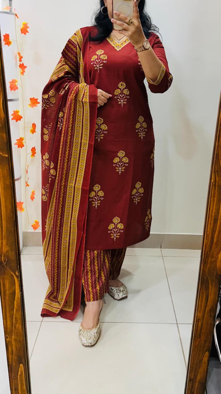 Maroon Printed Cotton Suit Set