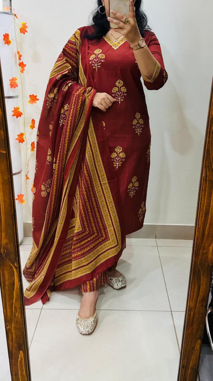 Maroon Printed Cotton Suit Set