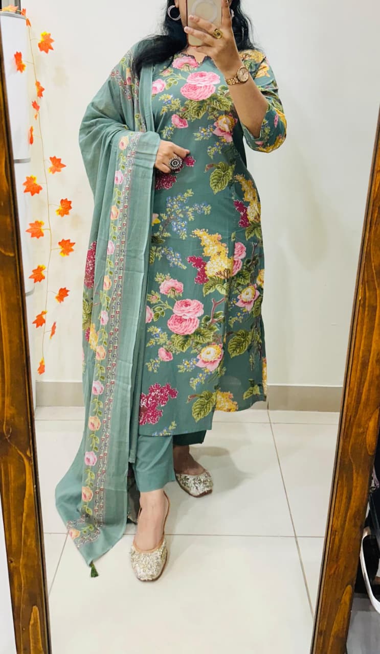 Sage Green Floral Cotton Suit Set