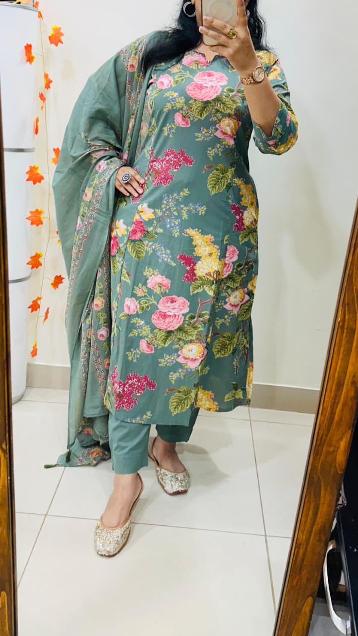 Sage Green Floral Cotton Suit Set