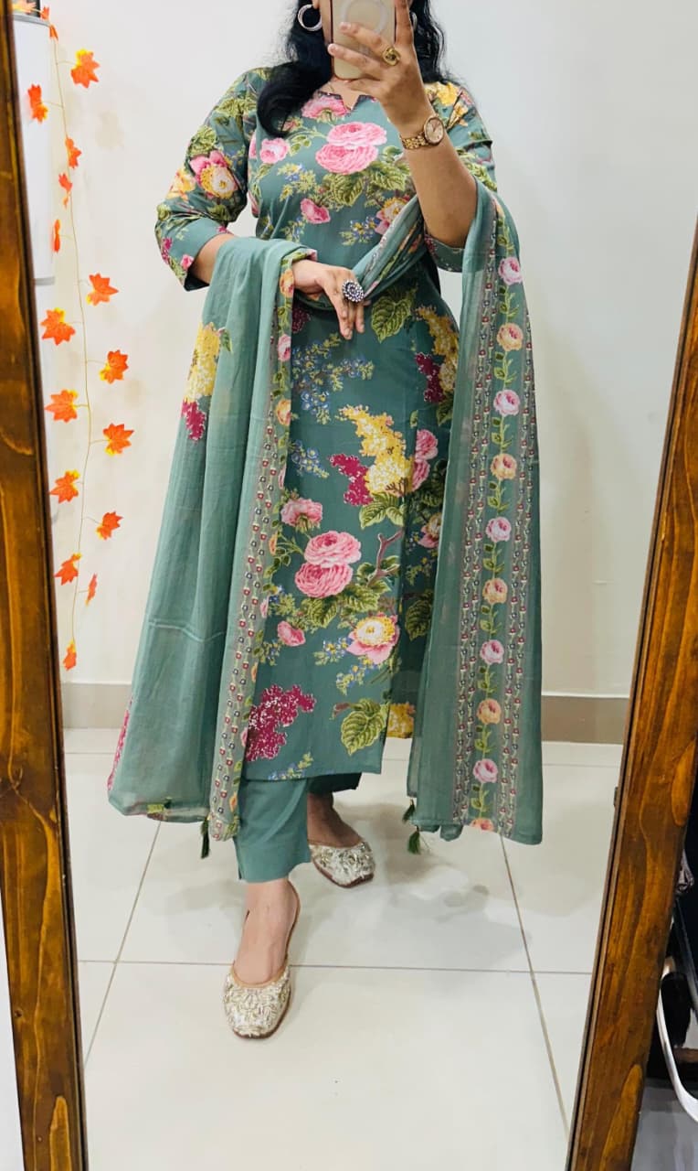 Sage Green Floral Cotton Suit Set