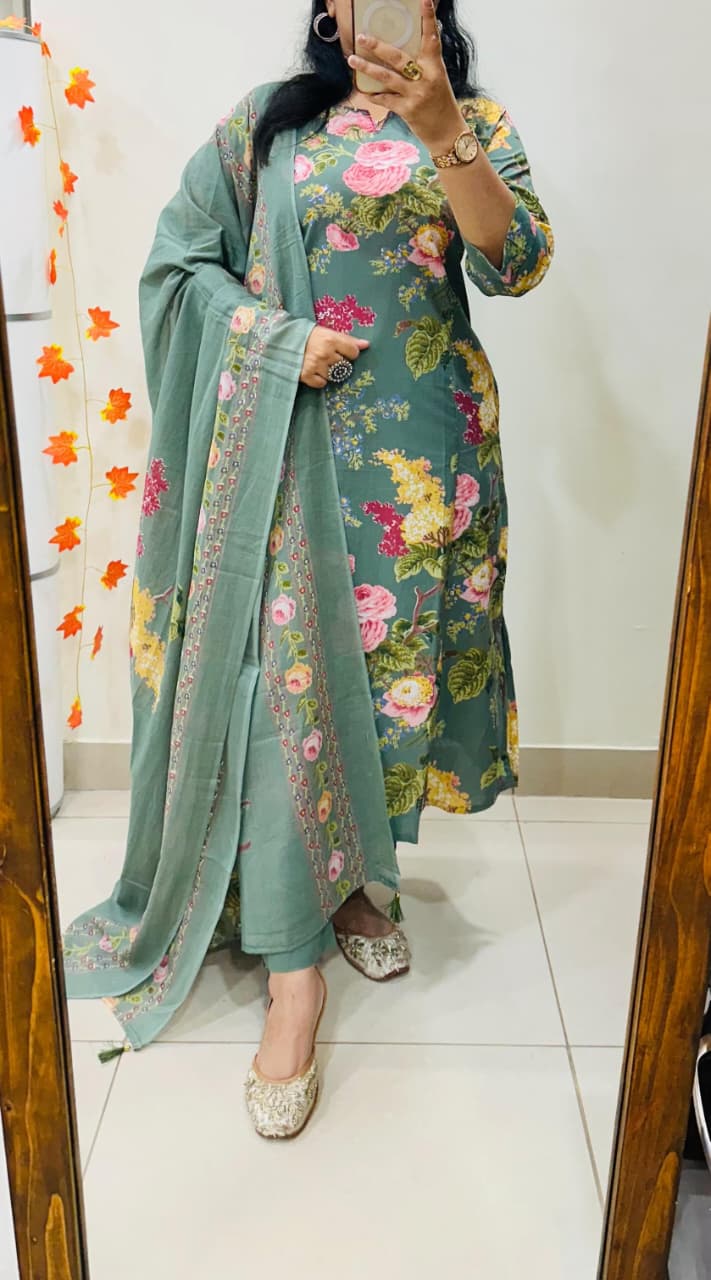 Sage Green Floral Cotton Suit Set
