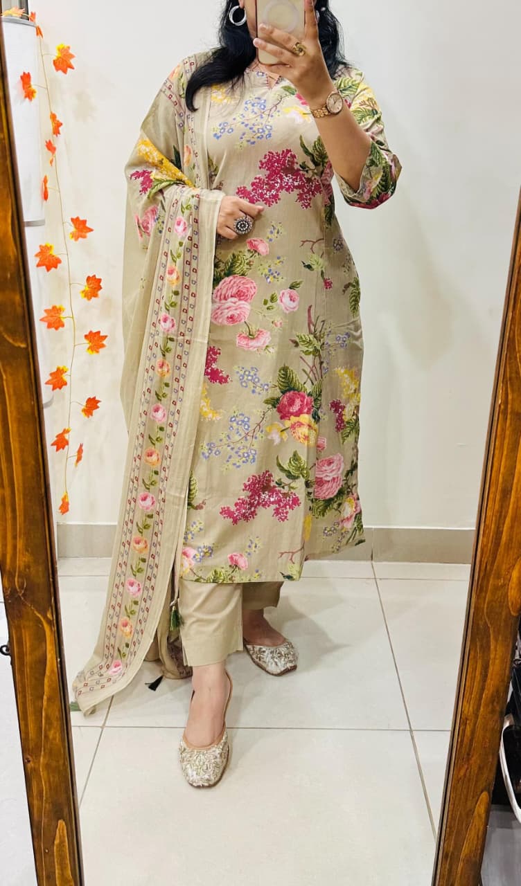 Beige Floral Cotton Suit Set
