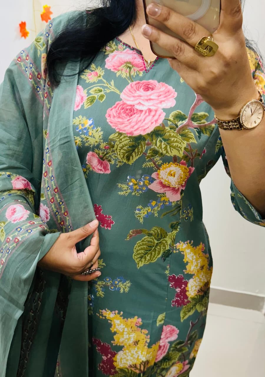 Sage Green Floral Cotton Suit Set