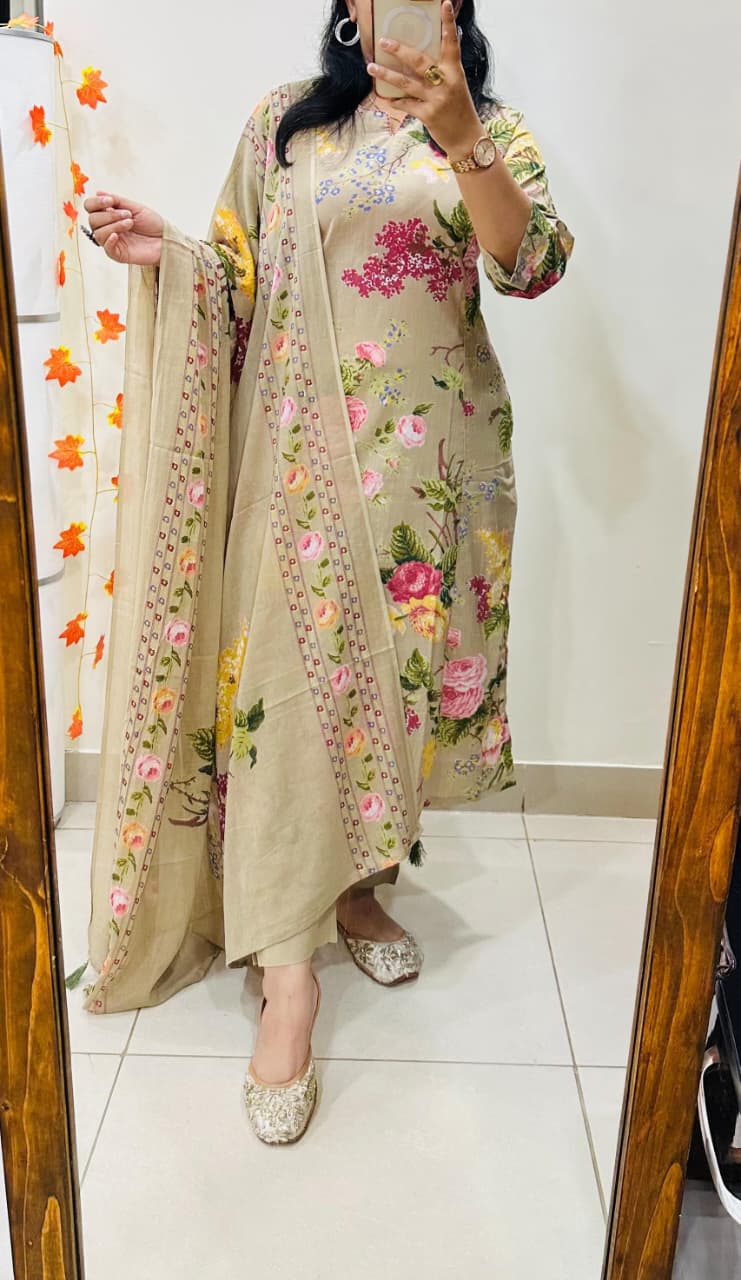 Beige Floral Cotton Suit Set