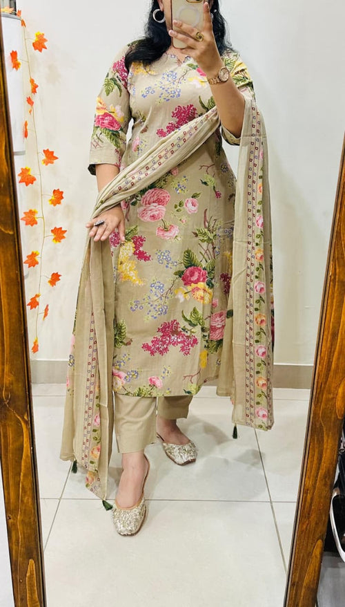Beige Floral Cotton Suit Set