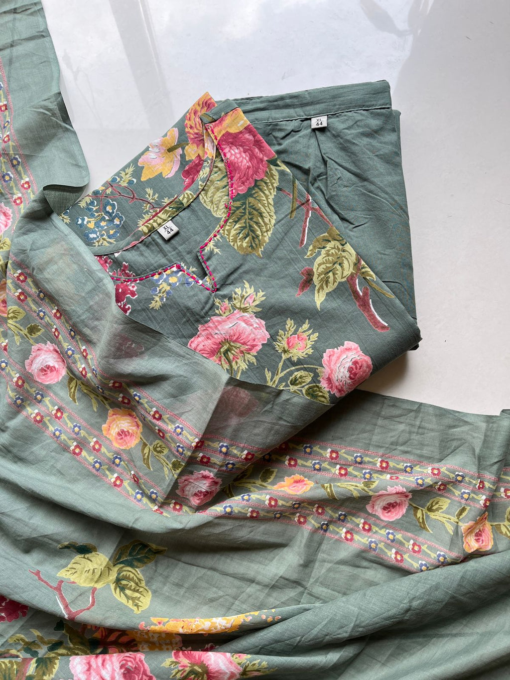 Sage Green Floral Cotton Suit Set
