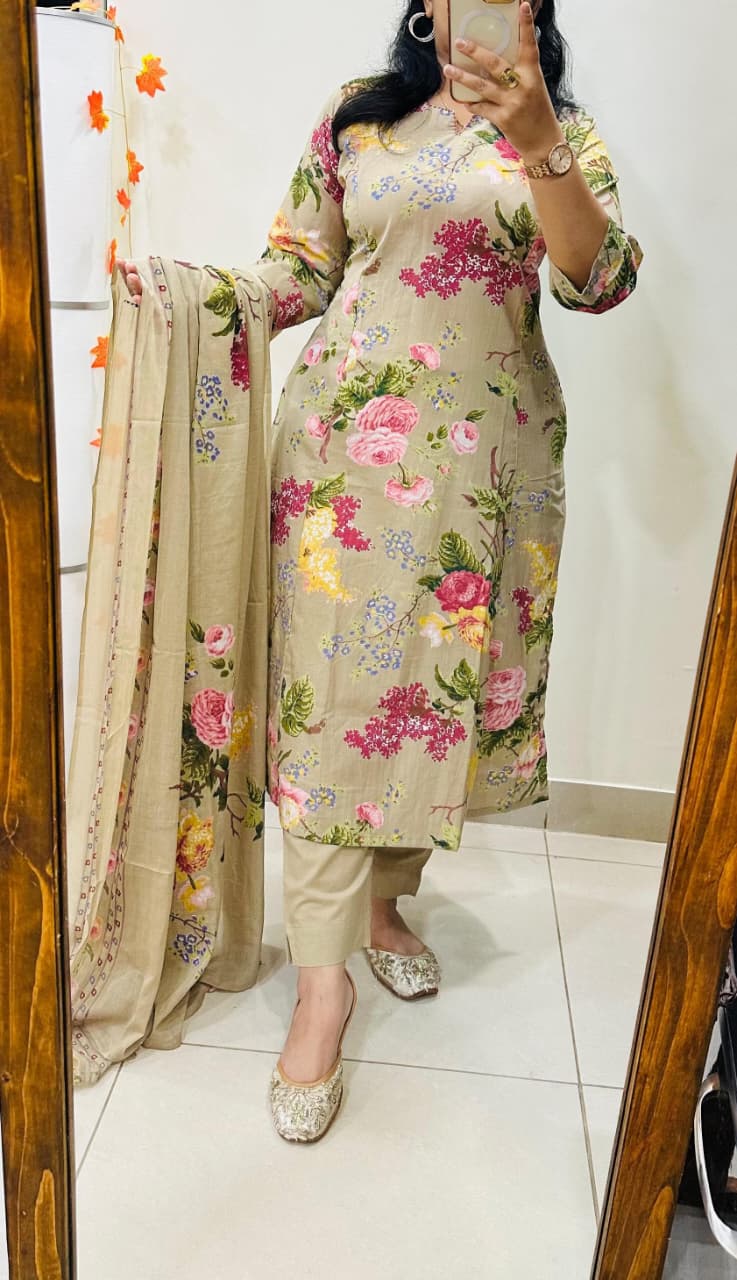 Beige Floral Cotton Suit Set
