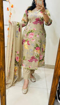 Beige Floral Cotton Suit Set
