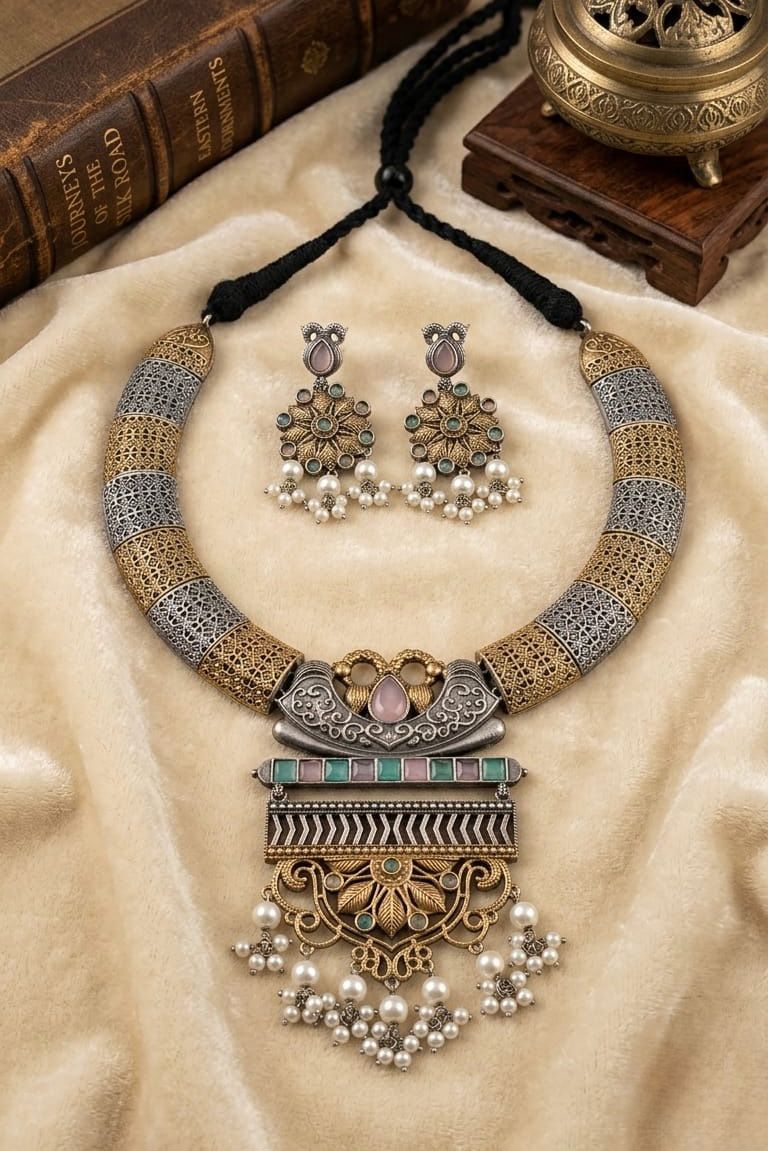 Antique Ethnic Statement Necklace Set with Earrings