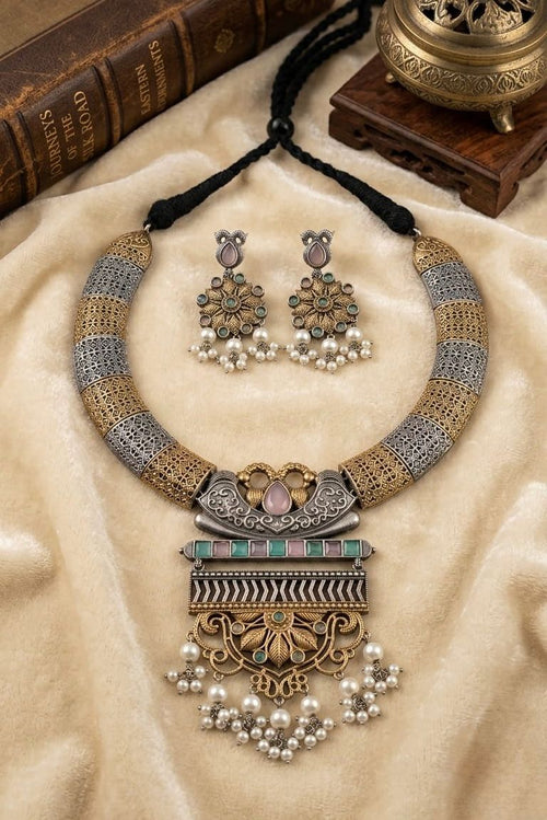 Antique Ethnic Statement Necklace Set with Earrings