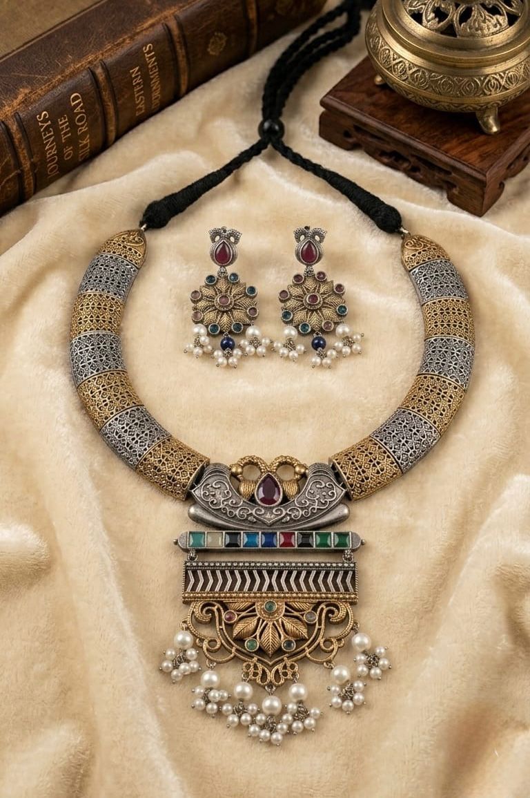 Antique Multicolor Temple Necklace Set with Earrings