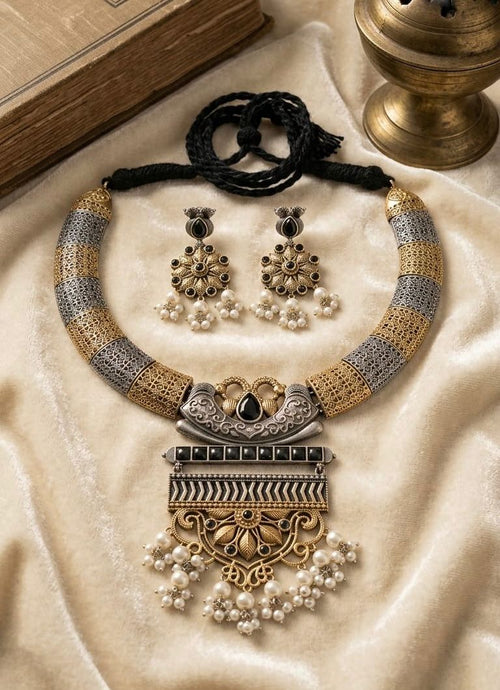 Antique Black Stone Statement Necklace Set