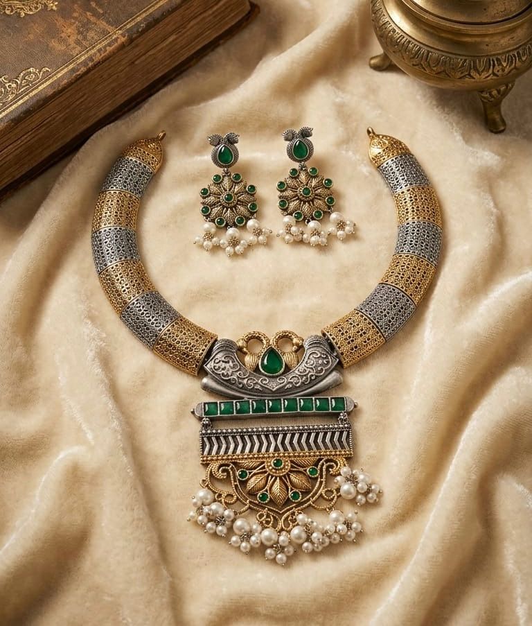Antique Green Pearl Statement Necklace Set
