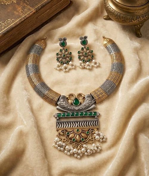Antique Green Pearl Statement Necklace Set