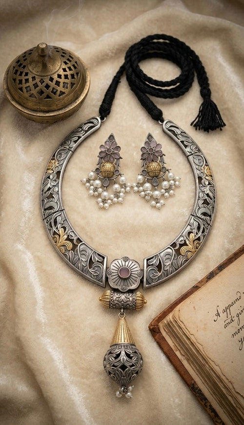Antique Floral Oxidised Necklace Set
