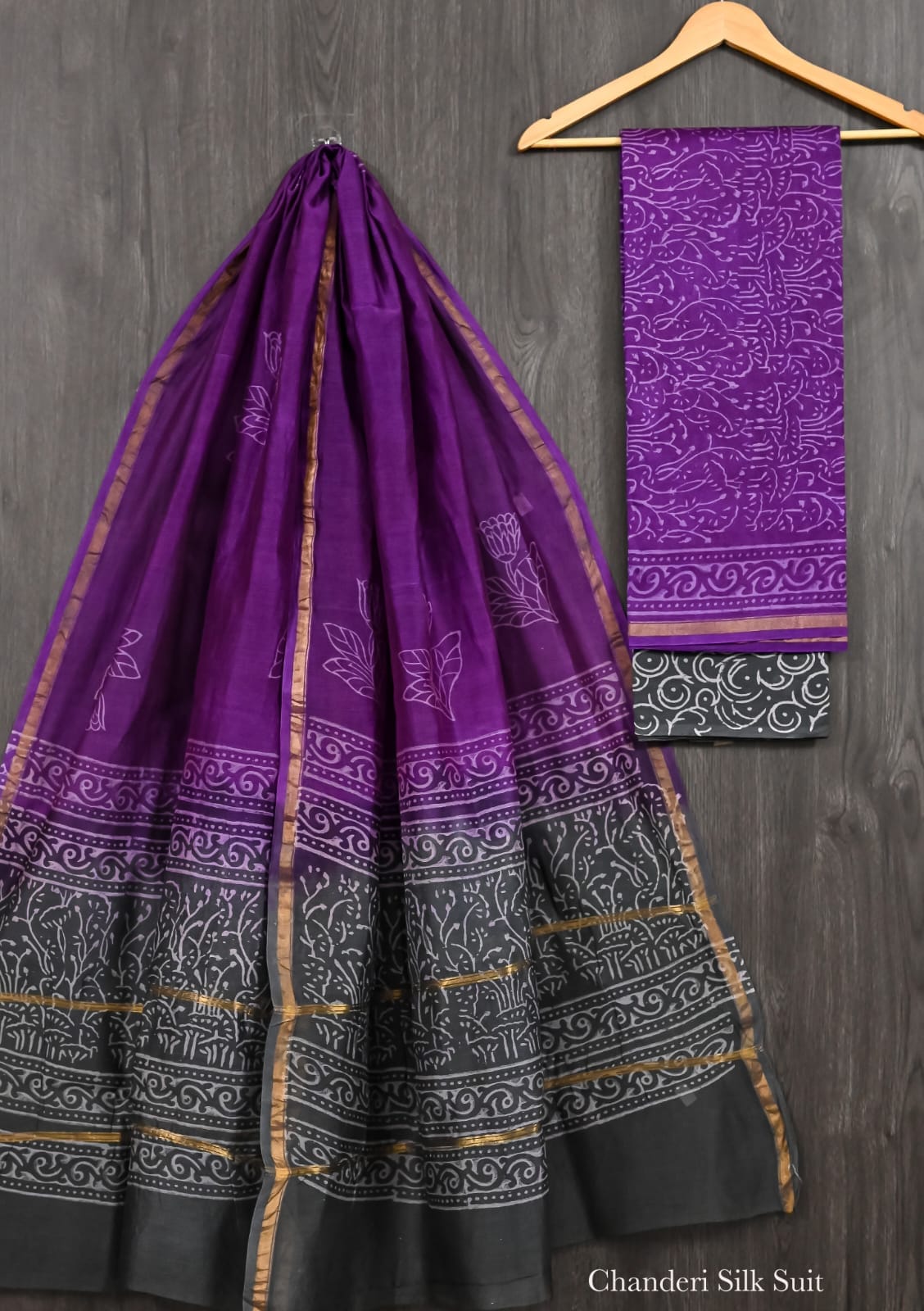 Women’s Purple & Black Chanderi Silk Suit Set
