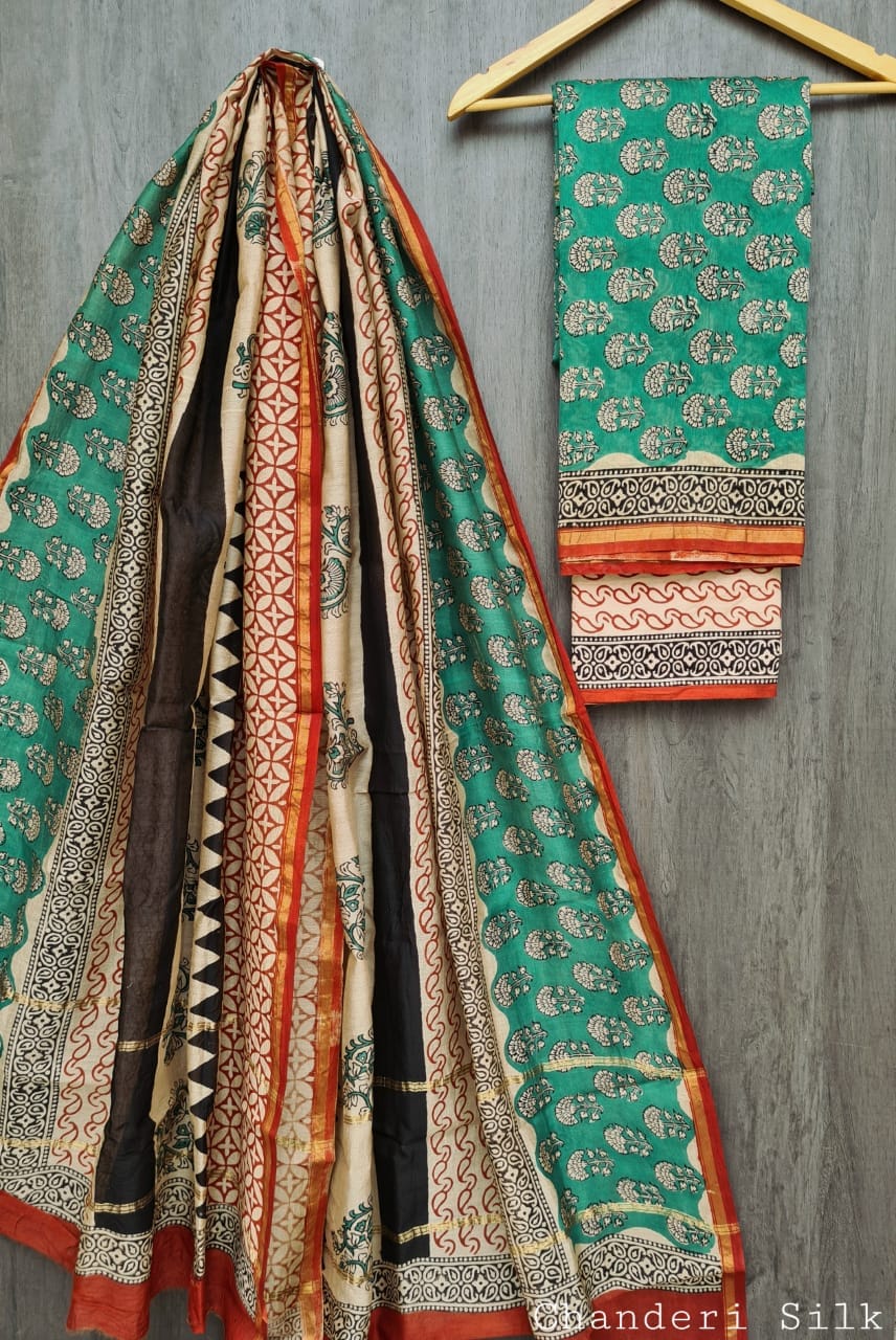 Women’s Teal Green Printed Chanderi Silk Saree