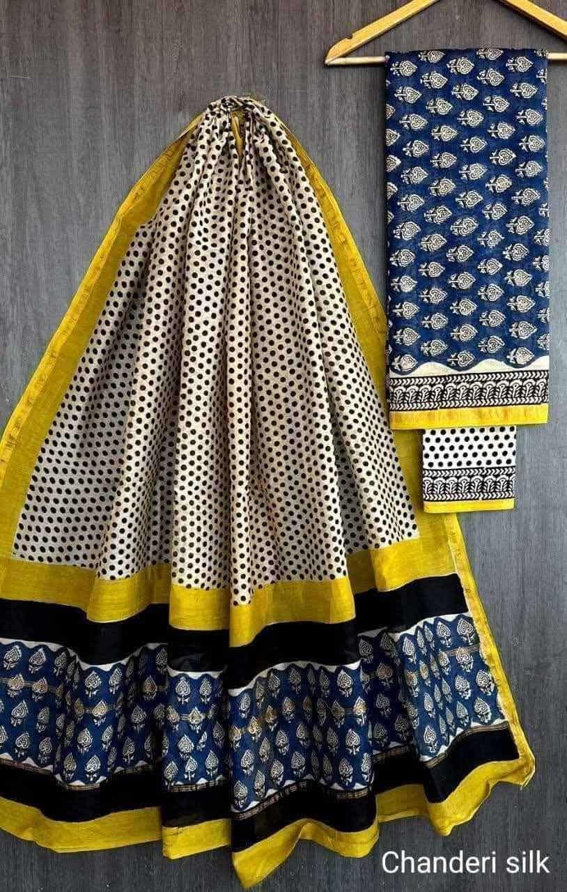 Women’s Navy Blue Polka Print Chanderi Silk Saree