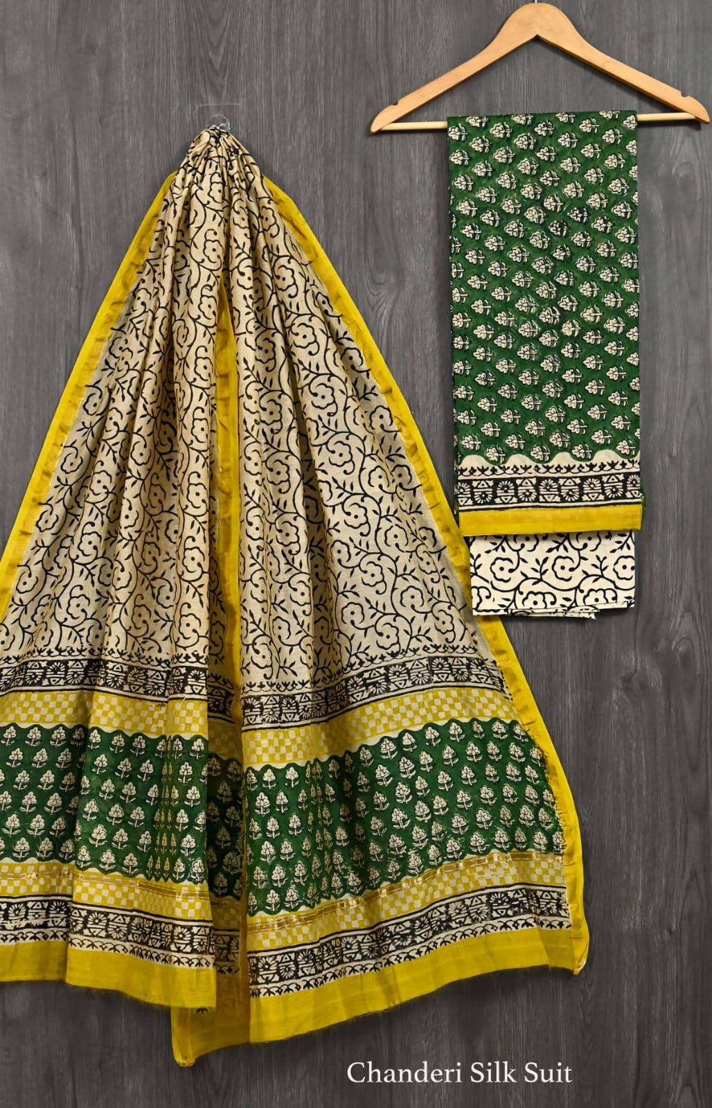 Women’s Green & Yellow Printed Chanderi Silk Suit Set