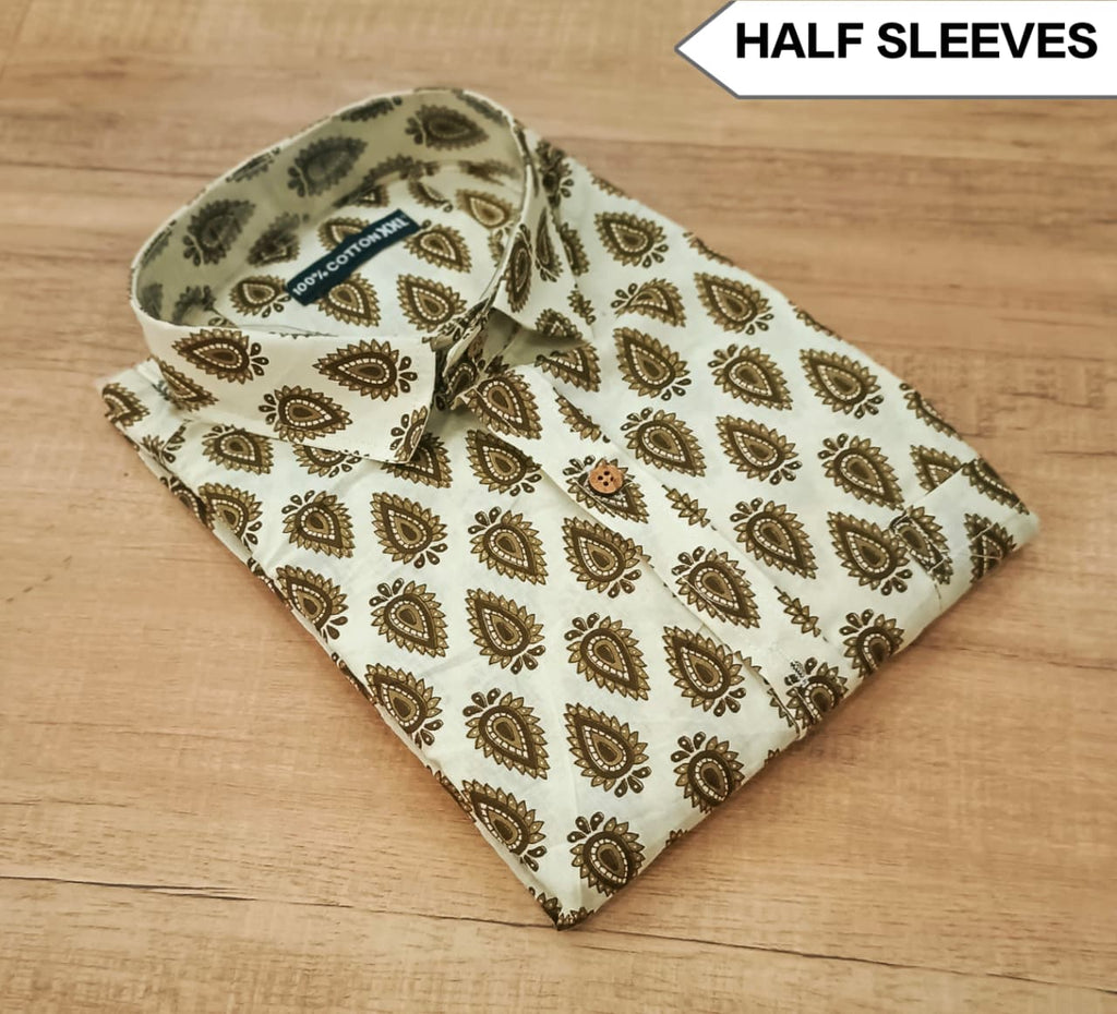 Men's Cotton Half Sleeve Printed Shirt – White & Brown Paisley