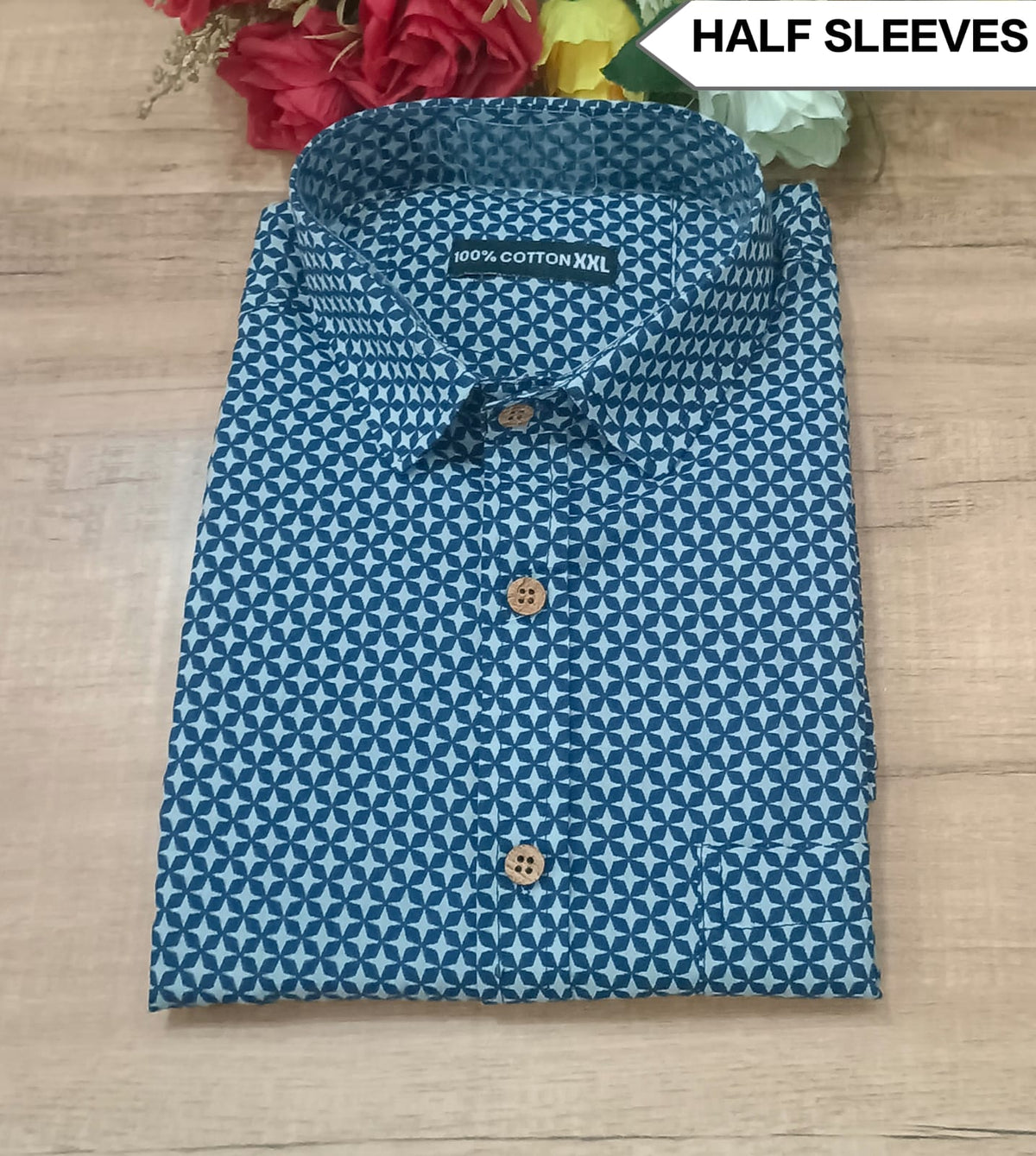 Men's Cotton Half Sleeve Geometric Printed Shirt – Blue & White