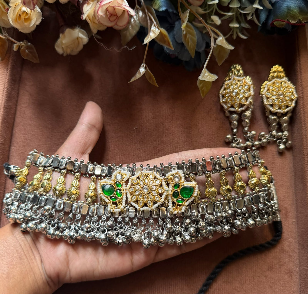 Traditional Oxidized Floral Choker Necklace Set with Green Stones