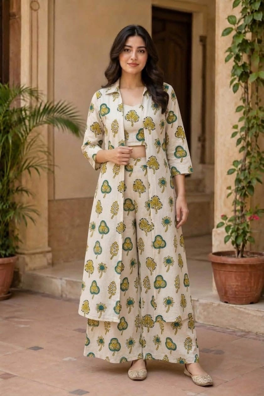 Women's Floral Printed 3-Piece Co-Ord Set with Long Shrug