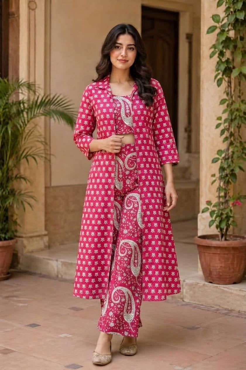 Women's Pink Printed 3-Piece Co-Ord Set with Long Shrug