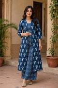 Women's Navy Blue Printed 3-Piece Co-Ord Set with Long Shrug
