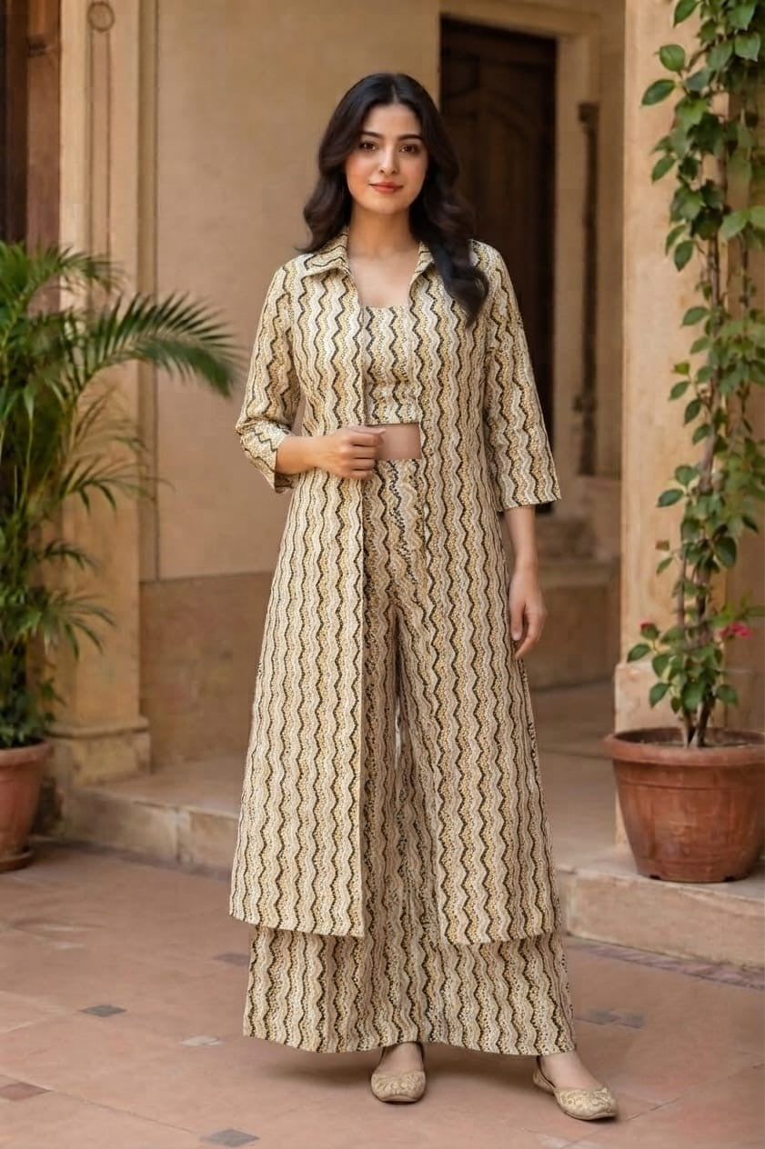 Women's Beige Zigzag Printed 3-Piece Co-Ord Set with Long Shrug