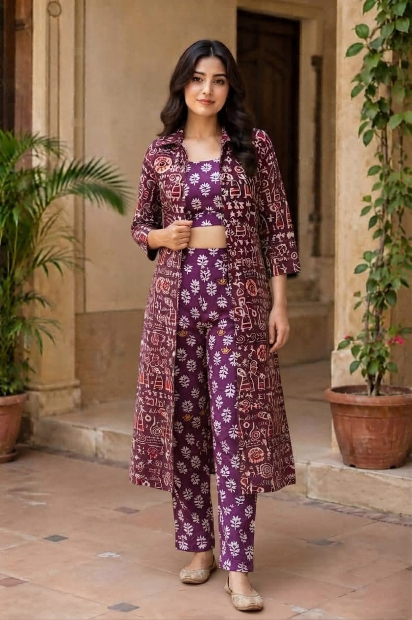 Women's Maroon Printed 3-Piece Co-Ord Set with Long Shrug