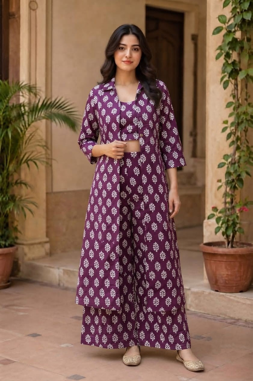 Women's Purple Printed 3-Piece Co-Ord Set with Long Shrug