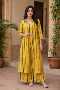 Women's Mustard Yellow Tie-Dye 3-Piece Co-Ord Set with Long Shrug