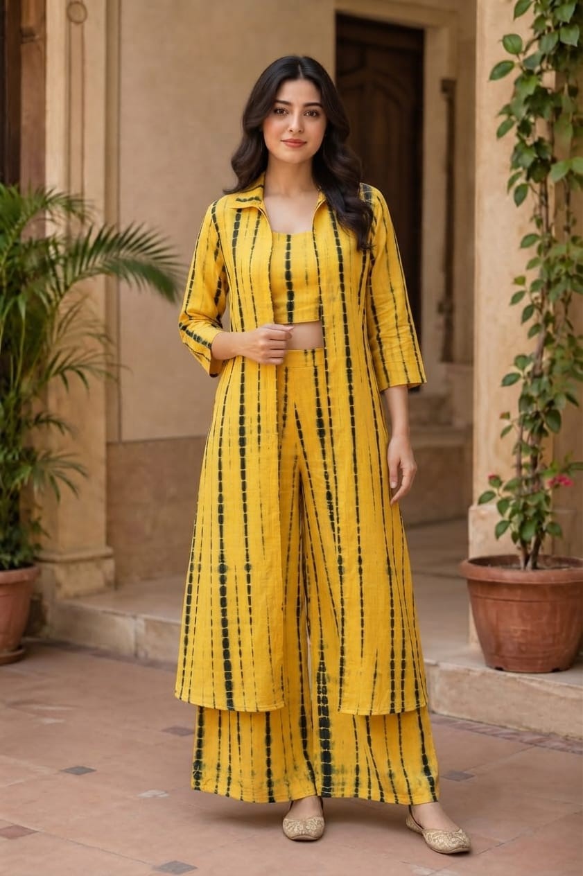 Women's Mustard Yellow Tie-Dye 3-Piece Co-Ord Set with Long Shrug