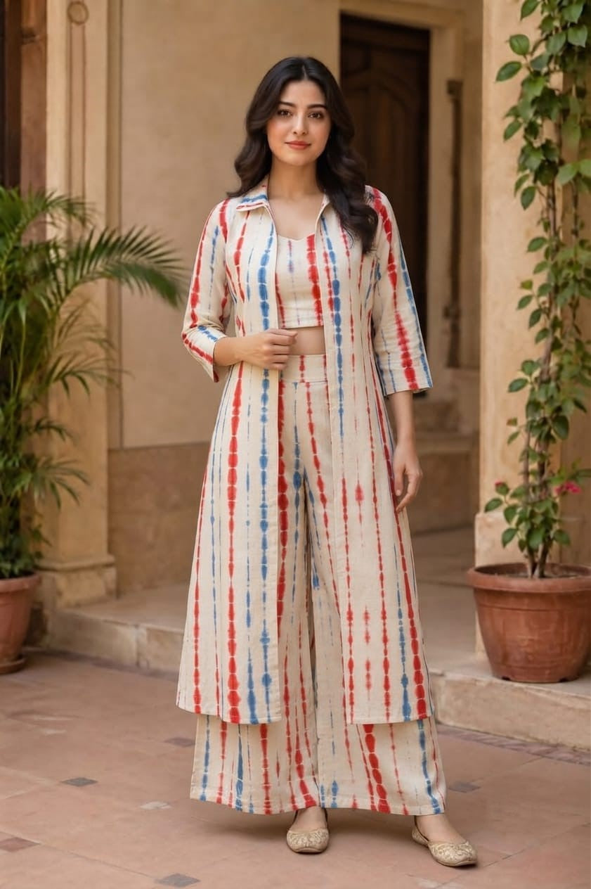 Women's Multicolor Tie-Dye 3-Piece Co-Ord Set with Long Shrug