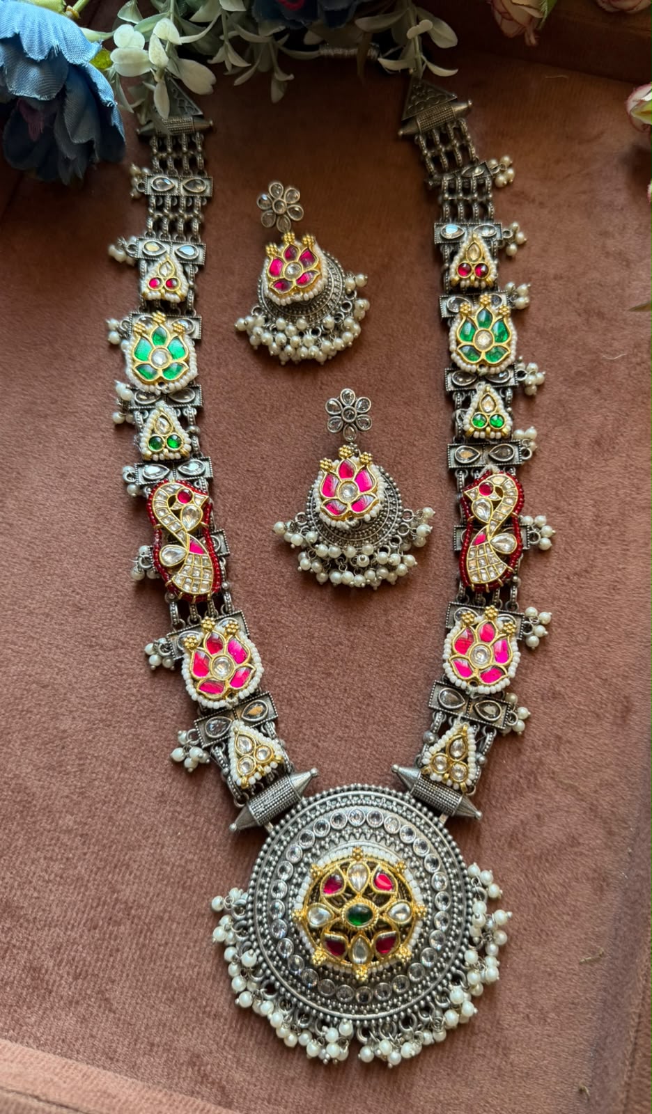 Pink Blossom & Green Kundan Oxidized Necklace Set