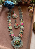 Pink Lotus & Emerald Oxidized Kundan Necklace Set