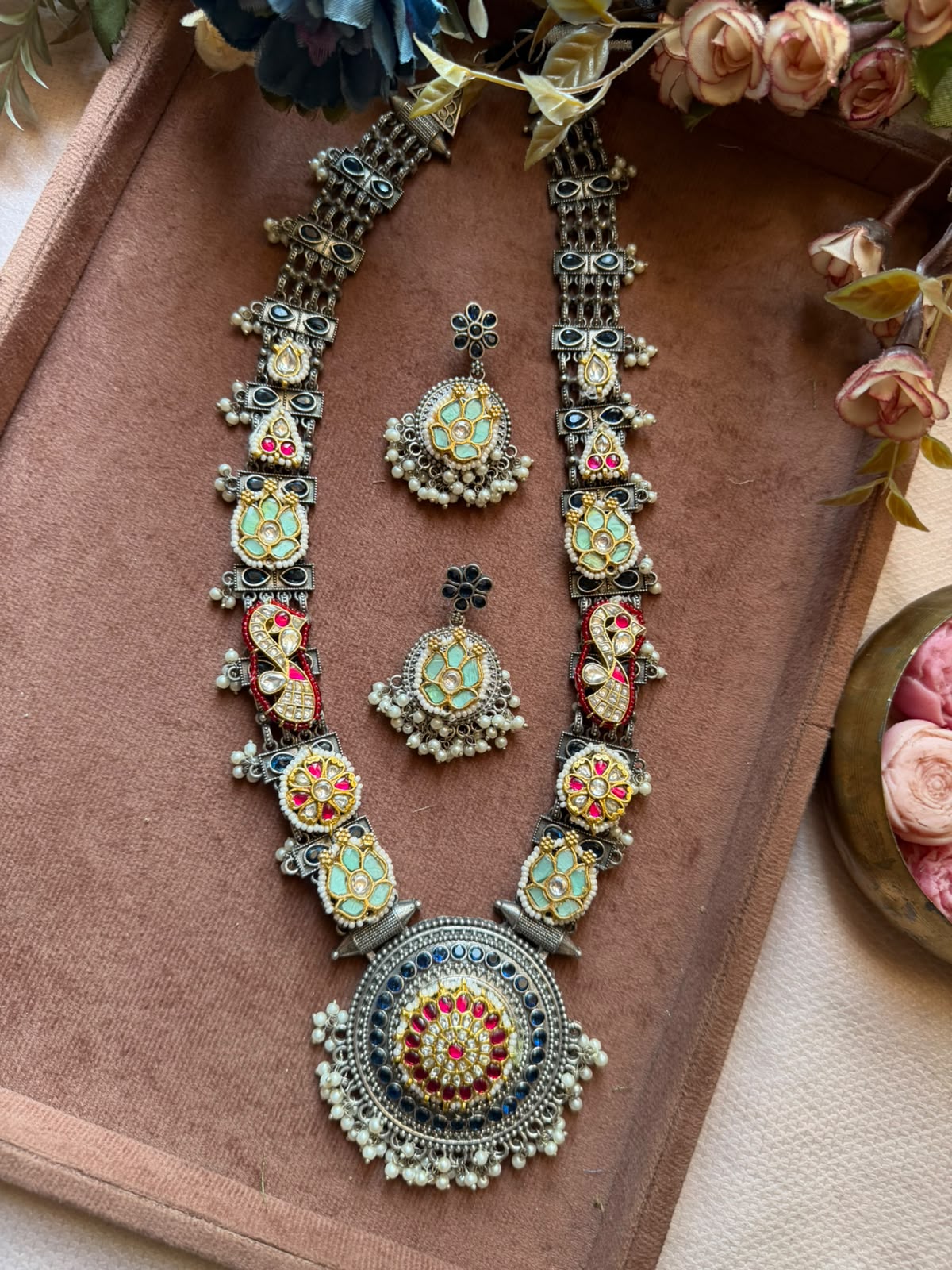 Royal Blue & Mint Kundan Oxidized Necklace Set