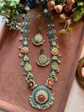 Emerald Green & Ruby Oxidized Kundan Necklace Set