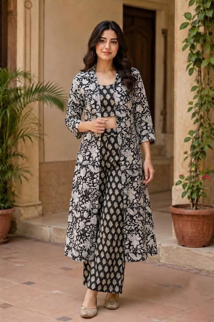 Black Hand Block Print Co-ord Set with Long Shrug