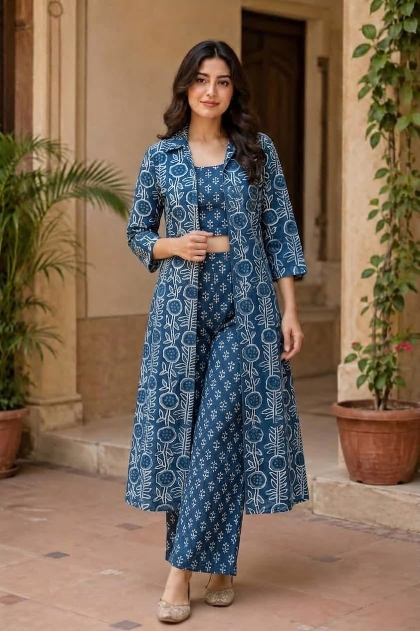 Indigo Hand Block Print Co-ord Set with Long Shrug