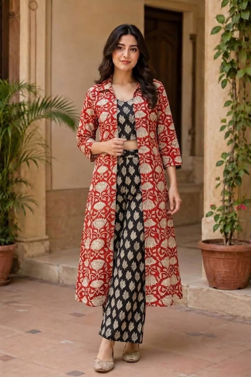 Rust Hand Block Print Co-ord Set with Long Shrug
